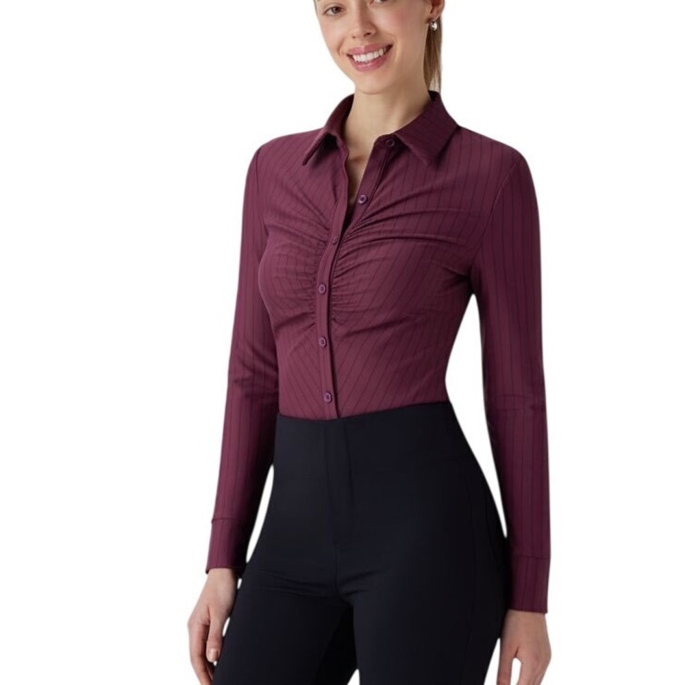 Halara Ruched Long Sleeve Curved Hem Stripe InstantCool Work Shirt, Size XL, NWT - Picture 1 of 11